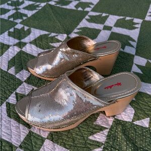 Gold Sequin Peep-Toe Clog Mules